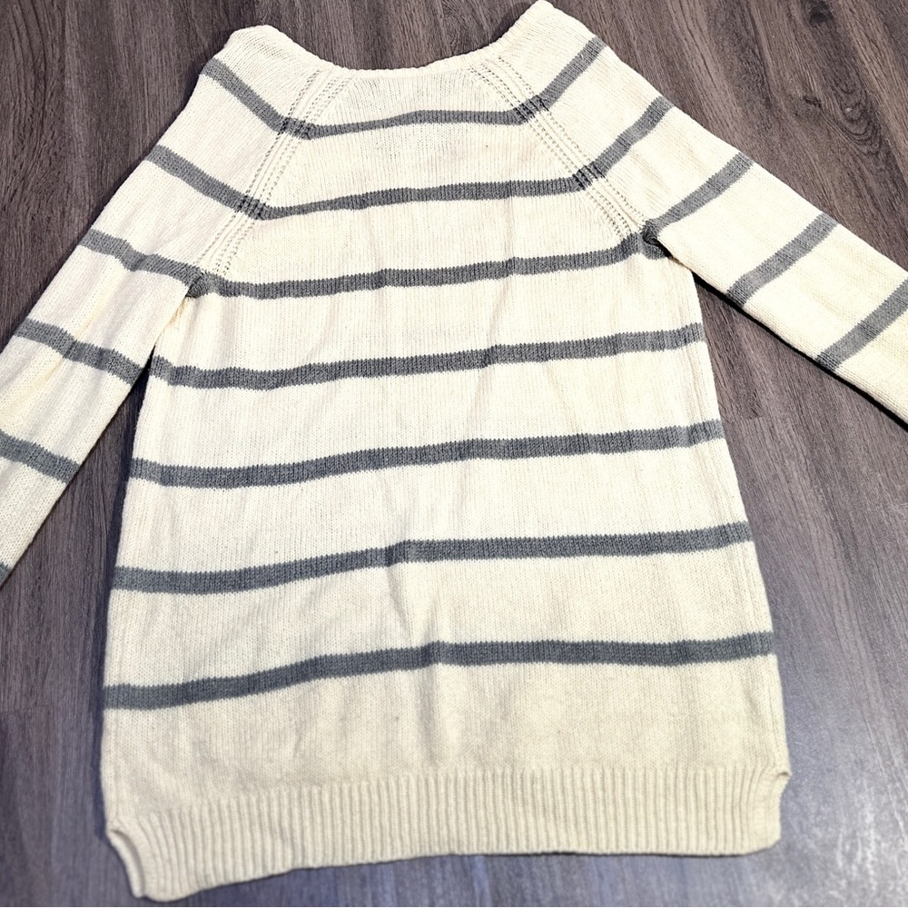 GAP Striped Knit Tunic Sweater Beige Gray Drawstring Neck Pullover Size M - Picture 5 of 9
